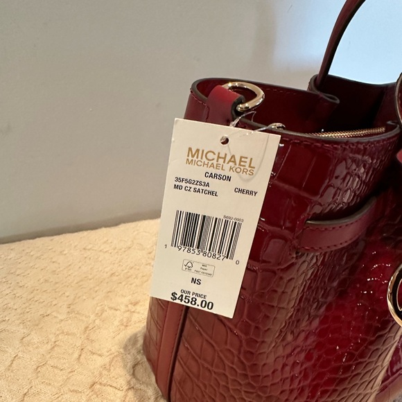 NWT Michael Kors Carson Cherry MD Croc Embossed Satchel - Picture 2 of 7